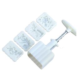 4 Stamps Moon Cake Mold Bean Paste Cake Mold Plastic DIY Baking Mold Plum Blossoms Orchid Bamboo Chrysanthemum 45g - Default