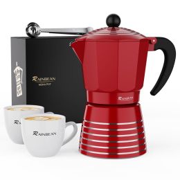 Espresso Maker 6 CUP Moka Pot, Steam Italian Stovetop Coffee Makers Percolator, Aluminum Ripple Ring Design, Easy To Use & Clean, 2 8oz Ceramics Cup 1