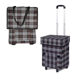 Foldable Shopping Cart with Wheels Oxford Fabric Trolley Bag Collapsible Reusable Tote Bags Grocery Cart for Travel Home Kitchen Supermarket  - Black