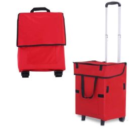 Foldable Shopping Cart with Wheels Oxford Fabric Trolley Bag Collapsible Reusable Tote Bags Grocery Cart for Travel Home Kitchen Supermarket  - Red
