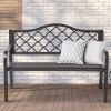 50" Outdoor Patio Bench, Cast Iron 2-Person Metal Bench with Basket-Weave Design Backrest, Patio Furniture Chair for Porch Park Garden, Dark Brown - D