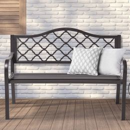 50" Outdoor Patio Bench, Cast Iron 2-Person Metal Bench with Basket-Weave Design Backrest, Patio Furniture Chair for Porch Park Garden, Dark Brown - D