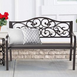 50" Outdoor Patio Bench, Cast Iron 2-Person Metal Bench with Floral Design Backrest, Patio Furniture Chair for Porch Park Garden, Dark Brown - Dark Br
