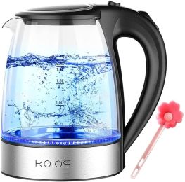 KOIOS Electric Kettle-1500W-Fast Boil with LED Light-1.8L Glass Tea Kettle-Auto Shut-Off-Cordless -Boil-Dry Protection-Stainless Steel Inner Lip - Whi