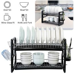 2 Tier Dish Drying Rack Drainboard Set Anti-Rust Dish Drainer Shelf Tableware Holder Cup Holder For Kitchen Counter Storage - Black
