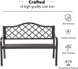 50" Outdoor Patio Bench, Cast Iron 2-Person Metal Bench with Basket-Weave Design Backrest, Patio Furniture Chair for Porch Park Garden, Dark Brown - D