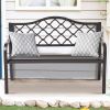 50" Outdoor Patio Bench, Cast Iron 2-Person Metal Bench with Basket-Weave Design Backrest, Patio Furniture Chair for Porch Park Garden, Dark Brown - D
