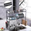 Over Sink Dish Rack, 2 Tier Stainless Steel Dish Rack Rustproof Durable Above Kitchen Sink Shelf Dish Drainer, Silver - Black