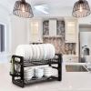 2 Tier Dish Drying Rack Drainboard Set Anti-Rust Dish Drainer Shelf Tableware Holder Cup Holder For Kitchen Counter Storage - Black